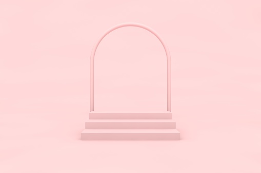 Pink arc with stairs in empty pink room, realistic 3d illustration. Winners podium front view, conceptual interior design with empty space for merchandising