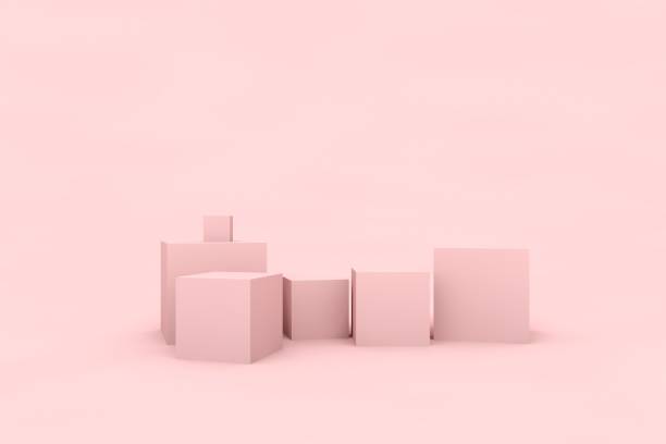 istock Pink empty room with geometric shapes, stands and empty walls, realistic 3d illustration 1289515241