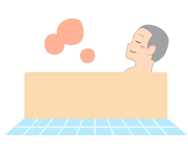 Vector illustration of Sideways elderly man (no line) warms up by bathing