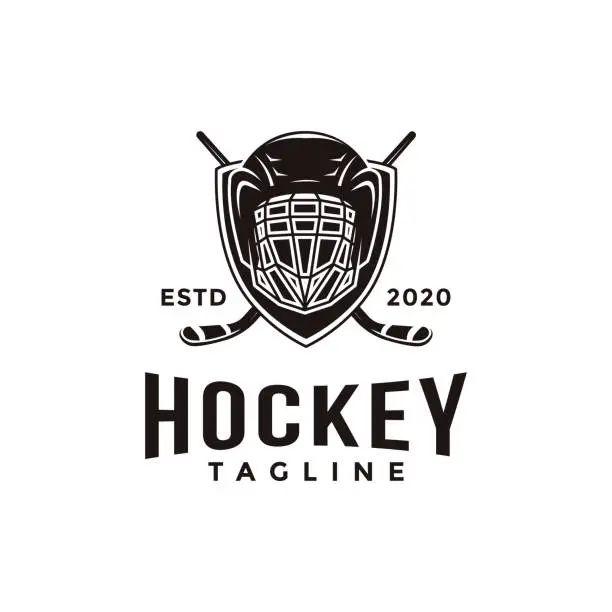 Vector illustration of Vintage seal badge hockey sport vector with crossed hockey stick shield and helmet icon on white background