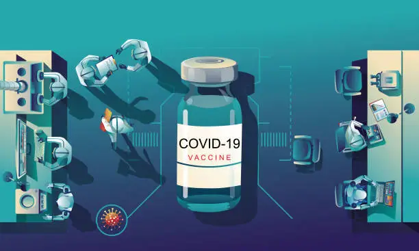 Vector illustration of Medical team and scientist have discovered the COVID-19 vaccine, laboratory test, syringe, a vaccine vial, working on the test. vaccine development Ready for treatment illustration, vector flat design