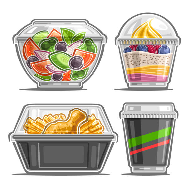 zestaw wektorowy do usługi dostarczania posiłków - serving food restaurant chicken stock illustrations
