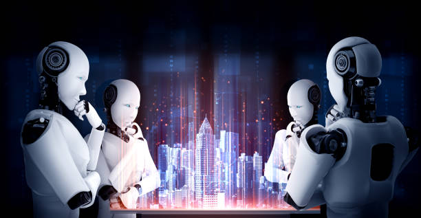 istock Thinking AI humanoid robot analyzing hologram screen shows concept of network 1289524999