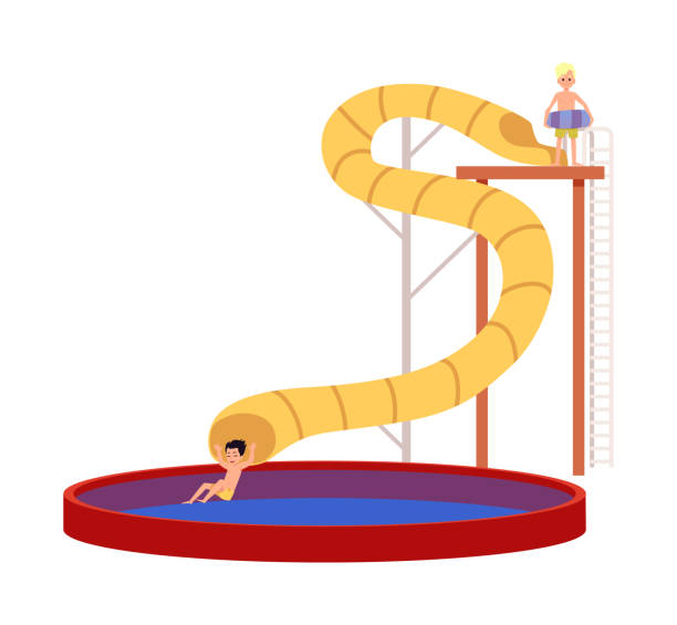 Children ride from water slide in aqua park a vector isolated illustration Children ride from water slide in aqua park. Plastic water tube, attraction for entertainment in pool or on beach. Fun family leisure at summer season. Vector isolated illustration coil tubing stock illustrations