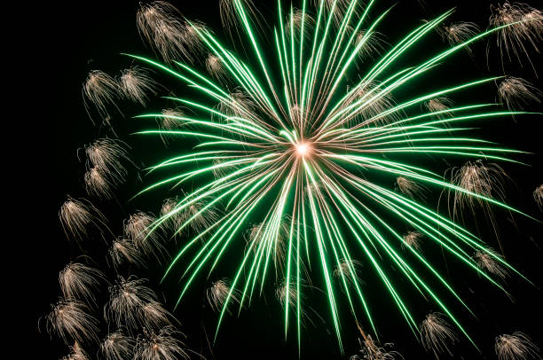 istock Beautiful sparkling holiday fireworks in the night sky 1289527802