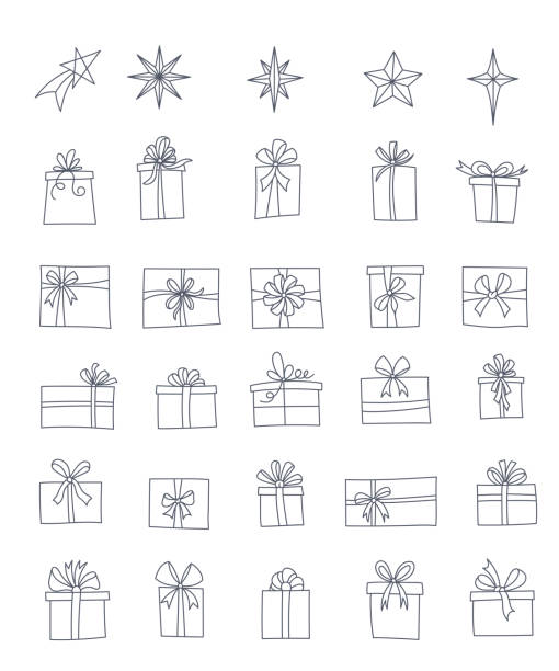 ilustraciones, imágenes clip art, dibujos animados e iconos de stock de iconos de línea de regalo. - heart shape christmas paper christmas gift