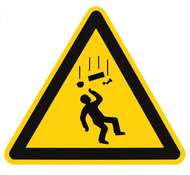 Photo of Danger falling objects drop hazard caution warning sign isolated, black triangle frame over yellow, large macro closeup