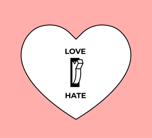 Feelings concept. Love or Hate choice. White heart silhouette with toggle switch between love and hate turned to love position. Minimalistic conceptual vector illustration Feelings concept. Love or Hate choice. White heart silhouette with toggle switch between love and hate turned to love position. Minimalistic conceptual vector eps 10 illustration positive negative slide stock illustrations