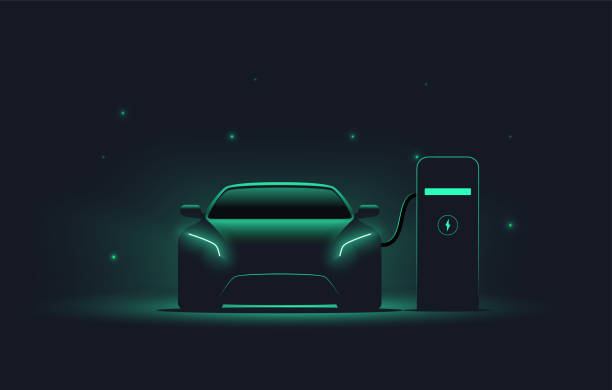 Electric car at charging station. Front view electric car silhouette with green glowing on dark background. EV concept. Vector illustration Electric car at charging station. Front view electric car silhouette with green glowing on dark background. EV concept. Vector eps 10 illustration ev charging stock illustrations