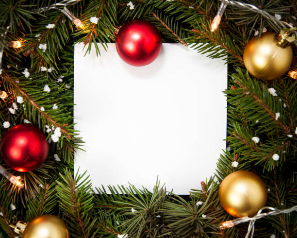 istock Creative layout  made of fir tree branches with white square shape paper and snowflakes, Christmas lights and baubles, Christmas and New Year's card concept, flat lay, top view 1289534949