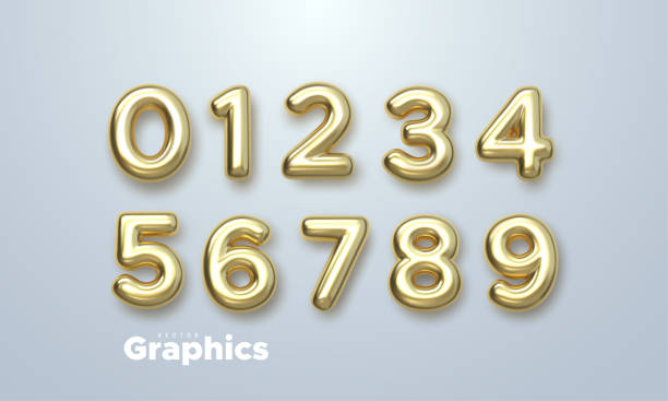 Golden numbers set. Vector 3d illustration. Golden numbers set. Vector 3d illustration. Realistic shiny characters. Isolated digits. Decoration elements for banner, cover, birthday or anniversary party invitation design zero number stock illustrations