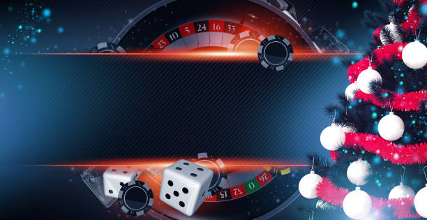 Casino Season Greetings Christmas Banner Backdrop Casino Games Season Greetings Christmas Banner Background 3D Illustration with 2D Holidays Elements. Roulette, Casino Chips and Craps. christmas casino stock pictures, royalty-free photos & images
