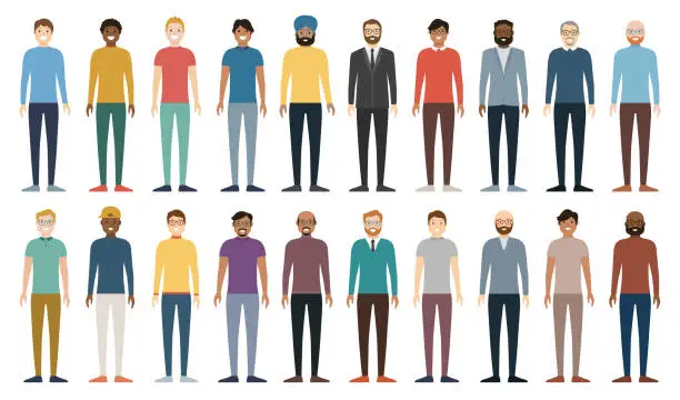 Vector illustration of Multicultural group of people. Set of different men. Full Height Figures. Young, adult and older peole. European, Asian, African and Arabian People. Vector illustration.