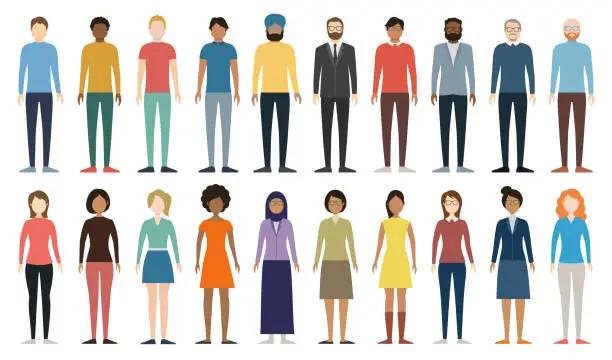 Vector illustration of Multicultural group of people. Set of different men and women. Full Height Figures. Young, adult and older peole. European, Asian, African and Arabian People. Diverse Empty Faces. Vector illustration.