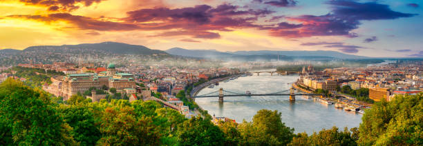 Sunset over Danube Panoramic view from above on landmarks of Budapest at summer sunset, Hungary budapest stock pictures, royalty-free photos & images