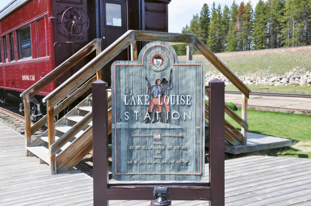 Louise station, Canada - June 09 2020: Retro board stands by the station platform.
