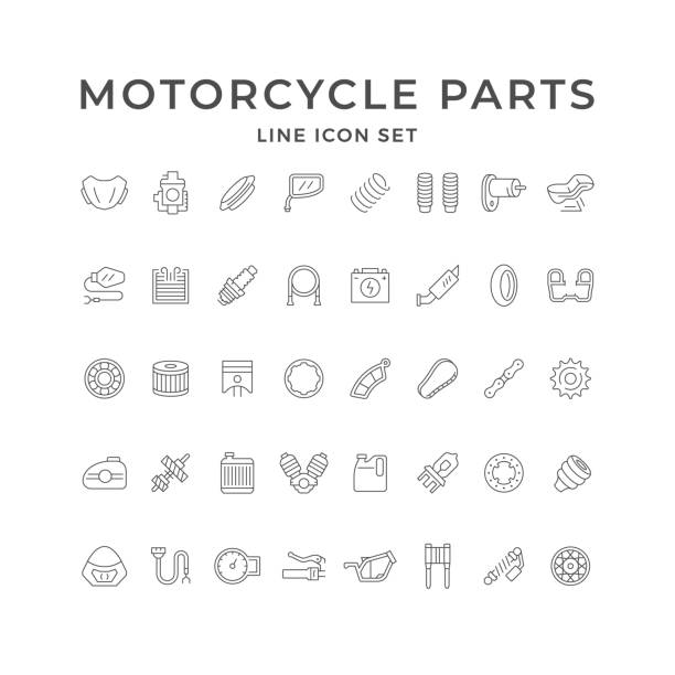 illustrazioni stock, clip art, cartoni animati e icone di tendenza di impostare le icone di linea delle parti della moto - piston sports race engine gear