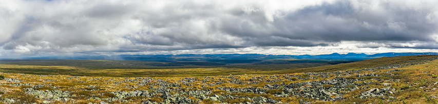 View of the rocky tundra and taiga in the distance in the Subpolar Urals on a rainy day