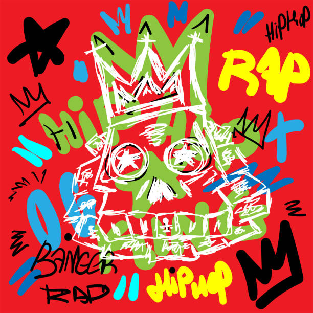 ilustrações de stock, clip art, desenhos animados e ícones de colorful rap print with skull and text drawn by hand. sketch, doodle, scribble. vector illustration. - hip hop illustrations