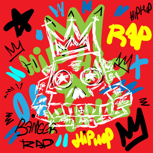 Colorful rap print with skull and text drawn by hand. Sketch, doodle, scribble. Vector illustration. Colorful rap print with skull and text drawn by hand. Sketch, doodle, scribble. Vector illustration. rap stock illustrations