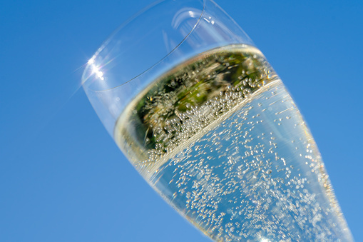 Single champagne flute at an English garden party in Summer. It is being held up with a clear blue sky in the background.