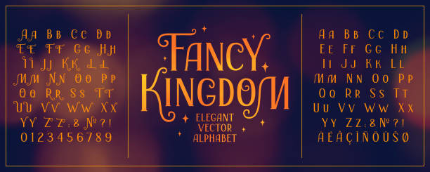 latin elegant vector serif font with curls latin elegant vector serif font with curls on blurred background fantasy stock illustrations