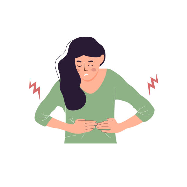 ilustraciones, imágenes clip art, dibujos animados e iconos de stock de dolor abdominal. dolor agudo de emergencia. apendicitis, menstruación dolorosa. - estreñimiento