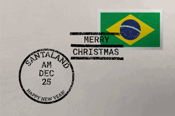 istock Postage stamp envelope with Brazil flag and Christmas and New Year stamps, vector 1289567091