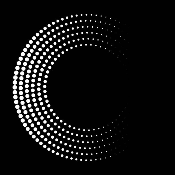 illustrations, cliparts, dessins animés et icônes de points orbitaux en cercles concentriques autour de l’espace de copie. gradient de taille horizontale sur noir. - eclipse