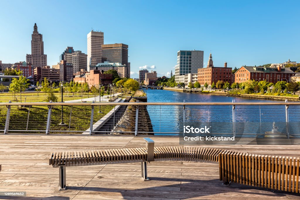 Providence Rhode Island skyline and Providence River, viewed from Pedestrian Bridge Rhode Island Stock Photo