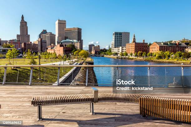 Providence Rhode Island Skyline And Providence River Viewed From Pedestrian Bridge Stock Photo - Download Image Now