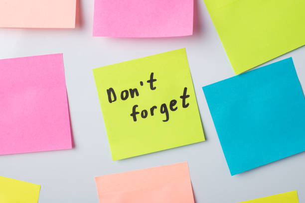 istock Sticky note with text Don't forget among other notes on a whiteboard in the office 1289570676