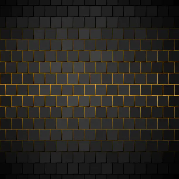 Vector illustration of Yellow gold glow behind square tiles covering surface. Pattern with individually lit shapes. Gradient.