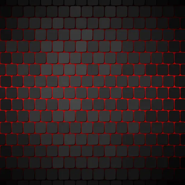 Vector illustration of Keyboard-like red glow behind rounded square in honeycomb pattern with individually lit shapes