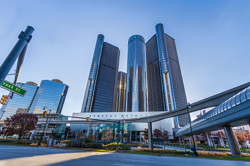 Detroit, MI, USA - November 10:  GM Renaissance Center on November 10, 2020 in downtown Detroit, Michigan.