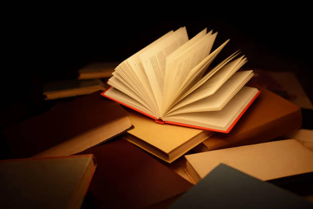 istock Pile of different books with one open on top. 1289574251