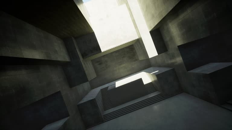 Abstract room with empty cement gray walls, on which the rays of the setting sun slowly fall