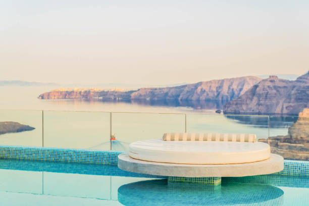 istock Pool and view of Santorini caldera 1289574694