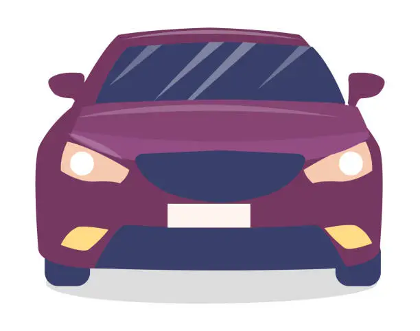 Vector illustration of Front view of purple modern car with turned on headlights, vehicle for everyday using, transport