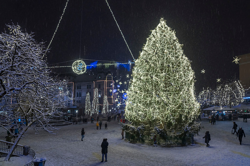 People gathering on Presern trg at night and enjoying snow and Christmas tree with beautiful decorations.