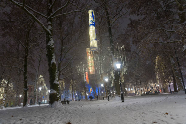 people at night in snowy city park at christmas - ljubljana december winter christmas imagens e fotografias de stock