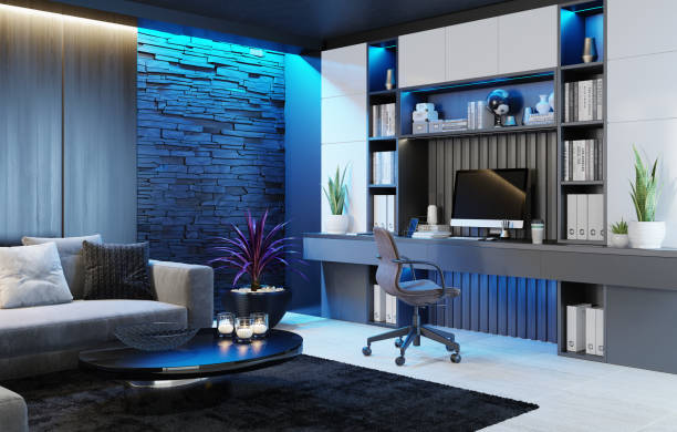 istock Modern Home Office in living room. Luxury Interior. Work from home concept. 1289582036
