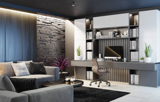 Modern Home Office in living room. Luxury Interior. Work from home concept.