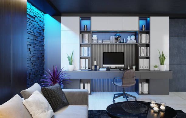 istock Modern Home Office in living room. Luxury Interior. Work from home concept. 1289582110