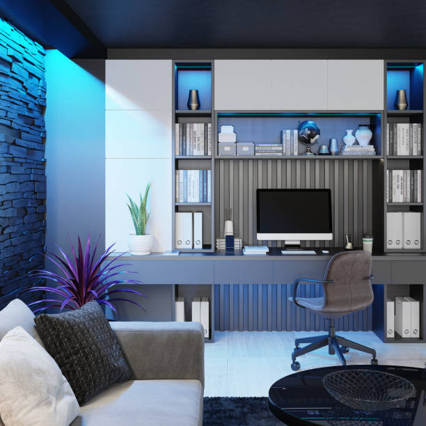 istock Modern Home Office in living room. Luxury Interior. Work from home concept. 1289582647