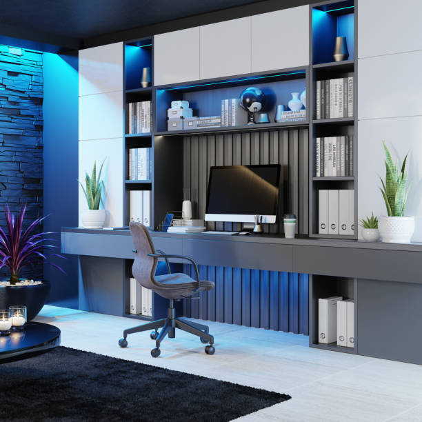 istock Modern Home Office in living room. Luxury Interior. Work from home concept. 1289582687