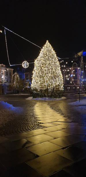 presern trg at christmas time at night, no people - ljubljana december winter christmas imagens e fotografias de stock