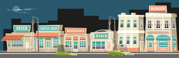 illustrazioni stock, clip art, cartoni animati e icone di tendenza di strada del cibo - dining burger outdoors restaurant