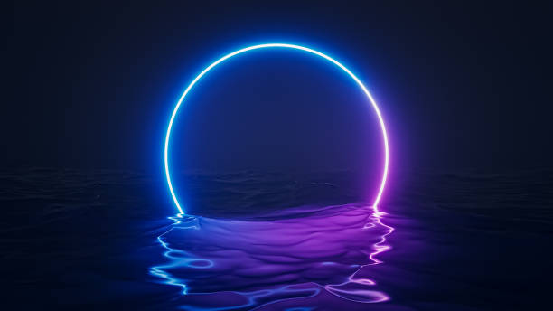 Retro futuristic abstract ocean scenery with blue and violet neon circle with copy space 3D rendering illustration stock photo