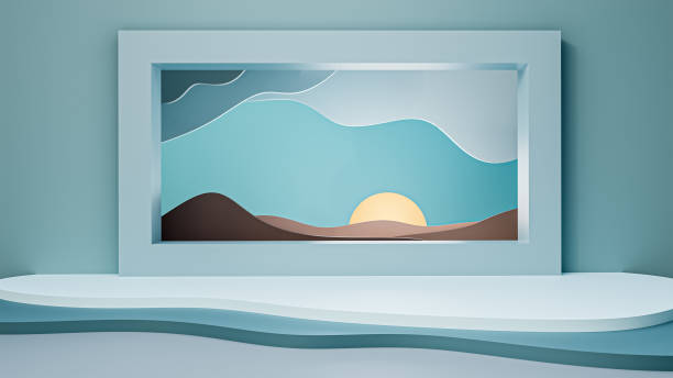 istock Abstract minimalist natural sunset or sunrise scenery through window conceptual 3D rendering illustration. 1289587182